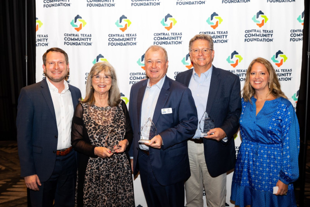 From left to right, Chairman of the Central Texas Community Foundation Luke Cochran, Texas Baptist Children's Home President Debbie Rippstein,  Ron Martin of Emerson Technologies, volunteer of the year Hollis Bone and Executive Director of CTXCF Amy Merida take a photo at the 2024 CTXCF Legacy Luncheon in Kalahari Resort and Conventions on September 4.  Photo courtesy of Central Texas Community Foundation.