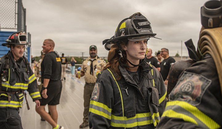 Georgetown firefighter Priscilla Coffman takes part in the Memorial Stair Climb at Birkelbach Field on Wednesday, September 11, 2024, the 23rd anniversary of the attacks on United States soil in New York, Pennsylvania and Washington, D.C.   The Memorial Stair Climb began here in 2011.  Photo by Andy Sharp.