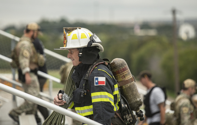 Georgetown Fire Chief John Sullivan takes part in the Memorial Stair Climb at Birkelbach Field on Wednesday, September 11, 2024, the 23rd anniversary of the attacks on United States soil in New York, Pennsylvania and Washington, D.C.  The Memorial Stair Climb began here in 2011.  Photo by Andy Sharp.