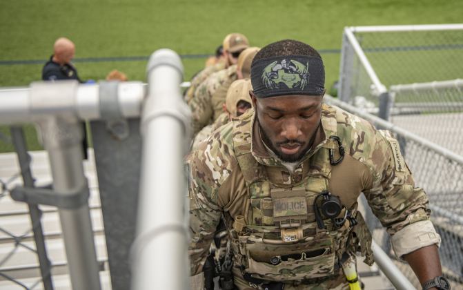 Georgetown Police Department SWAT Team member Arik Washington joins other first responders taking part in the Memorial Stair Climb at Birkelbach Field on Wednesday, September 11, 2024, the 23rd anniversary of the attacks on United States soil in New York, Pennsylvania and Washington, D.C.   The Memorial Stair Climb began here in 2011.  Photo by Andy Sharp.