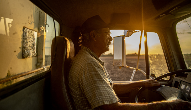 Waterloo Gin co-owner Clement Strmiska drives a truck from a  field near Jonah after picking up a 19,000 pound module of harvested cotton  on Friday, September 13, 2024. Clement Strmiska and David Wollett are co-owners of the Waterloo Gin, located on County Road 414 east of Taylor.     Photo by Andy Sharp.