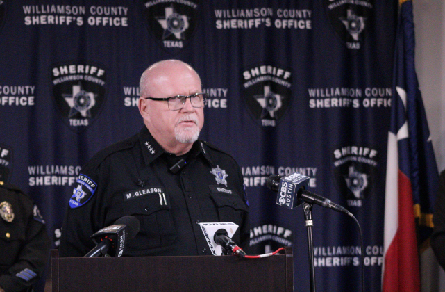 Williamson County Sheriff Mike Gleason debriefs the March Liberty Hill shooting and the investigation leading to the arrest of Clinton Wayne Harmon, 38, of Bastrop on September 18. Photo by Nalani Nuylan.