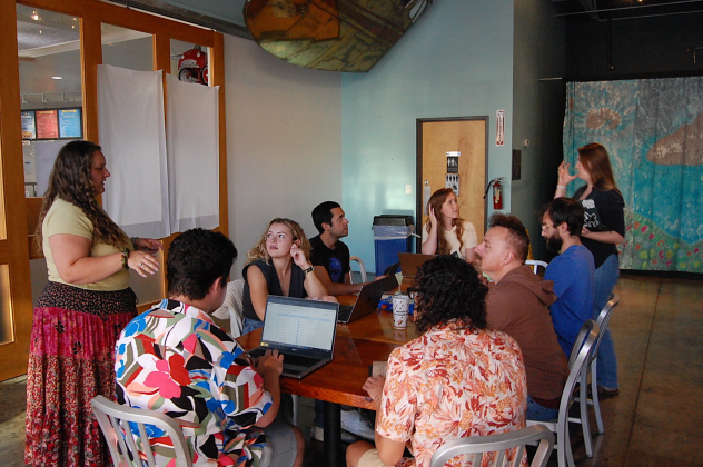 The cast discusses their tasks for the evening and tackling the next part in writing the script for Pride and Prejudice. (Photo by Kaitlyn Wilkes)