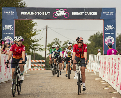 Cancer survivor Becca Cody, left, is joined by friend Carla Hoffman, right, for the start of their 50-mile ride  at Murphy Park for the annual Mamma Jamma Ride on Saturday, September 21, 2024. Hoffman is an East Williamson County cyclist who was severely injured when struck by a motorist on June 14th in Taylor.