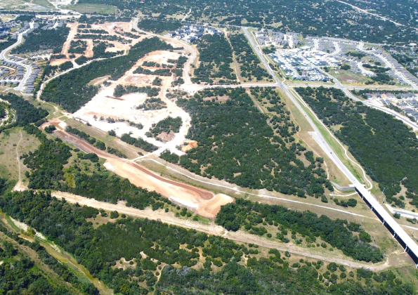 An aerial view of the West Bend development from the north, with other parts of Wolf Ranch visible. (Courtesy Hillwood Communities)