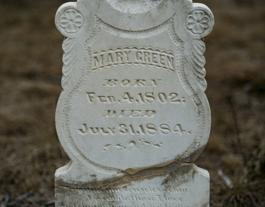 A gravestone continues to provide details about a person's life  at the circa 1851 McFadin Cemetery on Tuesday, October 8, 2024. Joe  Plunkett and his group, Williamson County Cemetery Restoration Volunteers,  led the effort to restore this cemetery near the San Gabriel River in recent years.     Photo by Andy Sharp.