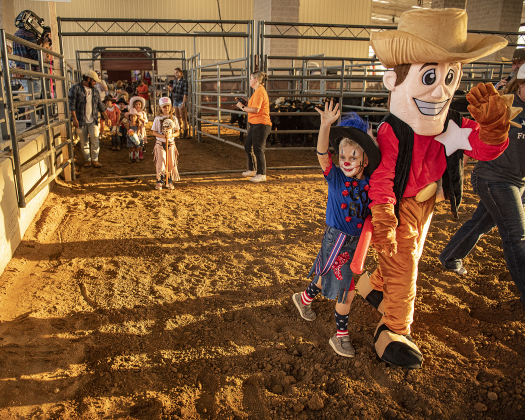 6-year-old Brady Sander is joined by fair mascot Wilco Willie (TJ Kirchner in the role) as they lead the stick horse competitors into the arena  on Wednesday, October 25, 2023, the opening day of the Williamson County Fair and Rodeo, held at the Williamson County Expo Center. Photo by Andy Sharp