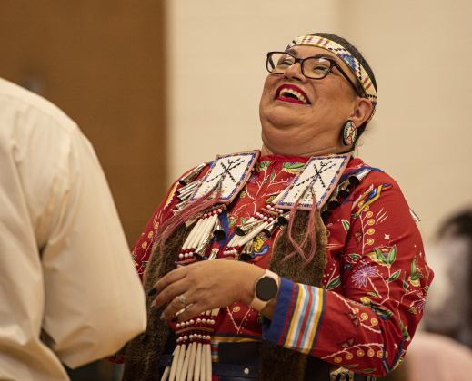 Nan Blassingame a Cheyenne tribal member from Cedar Park, was joined by her husband Cody as the Head Man and Head Lady during  the 2024 Georgetown Powwow, held Saturday, September 28, 2024 at the Boys and Girls Club of Georgetown.  Sponsored by GTX Connect, this is Georgetown's first Powwow since the event  was last held at Southwestern University in 2019.  Photo by Andy Sharp.