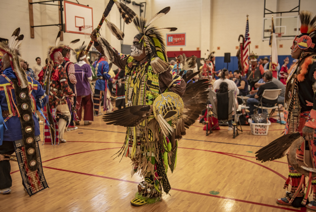 Bear Cadman, center, a New Mexico resident who is both Navajo and Kickapoo, dances with a group during the 2024 Georgetown Powwow, held Saturday, September 28, 2024 at the Boys and Girls Club of Georgetown.  Sponsored by GTX Connect, this is Georgetown's first Powwow since the event  was last held at Southwestern University in 2019.  Photo by Andy Sharp.
