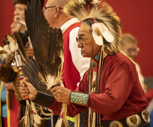 Dennis Begay, 79, a Navajo Diné tribal member who lives in Mesquite, Texas takes part in  the 2024 Georgetown Powwow, held Saturday, September 28, 2024 at the Boys and Girls Club of Georgetown.  Sponsored by GTX Connect, this is Georgetown's first Powwow since the event  was last held at Southwestern University in 2019.  Photo by Andy Sharp.