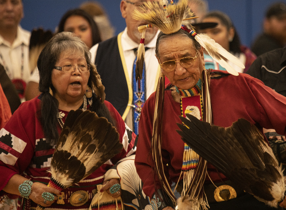 Margie and Dennis Begay, who are Navajo Diné tribal members  living in Mesquite, Texas, take part in  the 2024 Georgetown Powwow, held Saturday, September 28, 2024 at the Boys and Girls Club of Georgetown.  Sponsored by GTX Connect, this is Georgetown's first Powwow since the event  was last held at Southwestern University in 2019.  Photo by Andy Sharp. 