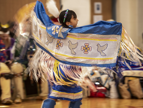 9-year-old Elaina Abrego, a Lipan Apache also known as Little Dove, performs a Fancy Shawl Dance during the 2024 Georgetown Powwow, held Saturday, September 28, 2024 at the Boys and Girls Club of Georgetown.  Sponsored by GTX Connect, this is Georgetown's first Powwow since the event  was last held at Southwestern University in 2019.  Photo by Andy Sharp.
