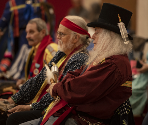 Joe Boatman, front, Reed Amadon, center, and Billy Parker, back left, were participants in the 2024 Georgetown Powwow, held Saturday, September 28, 2024 at the Boys and Girls Club of Georgetown.  Sponsored by GTX Connect, this is Georgetown's first Powwow since the event  was last held at Southwestern University in 2019.  Photo by Andy Sharp.
