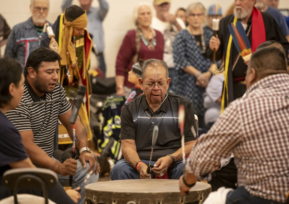 Drum Circle members sing during the 2024 Georgetown Powwow, held Saturday, September 28, 2024 at the Boys and Girls Club of Georgetown.  Sponsored by GTX Connect, this is Georgetown's first Powwow since the event  was last held at Southwestern University in 2019.  Photo by Andy Sharp.