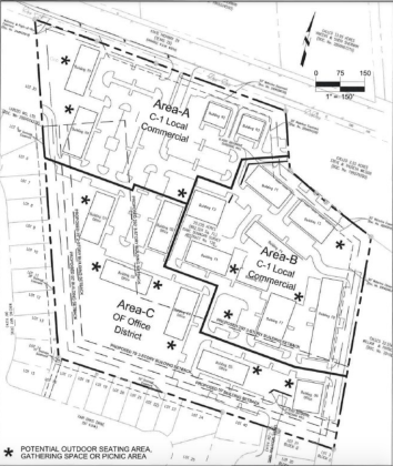 Schematics of the site show where the buildings would be and what zoning they would have. Stars on the map indicate where seating areas, outdoor or picnic spaces would be. 