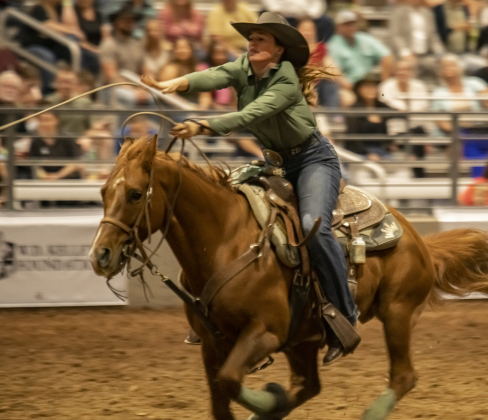 Addie Beth Denton of Albany, Texas competes in Breakaway Roping at the Williamson County Fair Rodeo  on Friday, October 25, 2024. Boone went on to win the competition.     Photo by Andy Sharp.