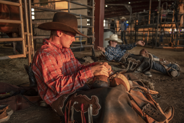 Saddle Bronc riders Darcy Wockner, front, and Mitchell French, back, each from Australia, now living in Snyder and Odessa Texas, loosen up before competing  at the Williamson County Fair Rodeo  on Friday, October 25, 2024.Photo by Andy Sharp.