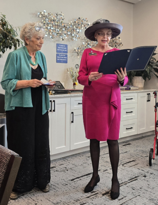 Barbara Harvey (right), State President of GFWC Texas with SGWC club president Chris Cheshire (left)