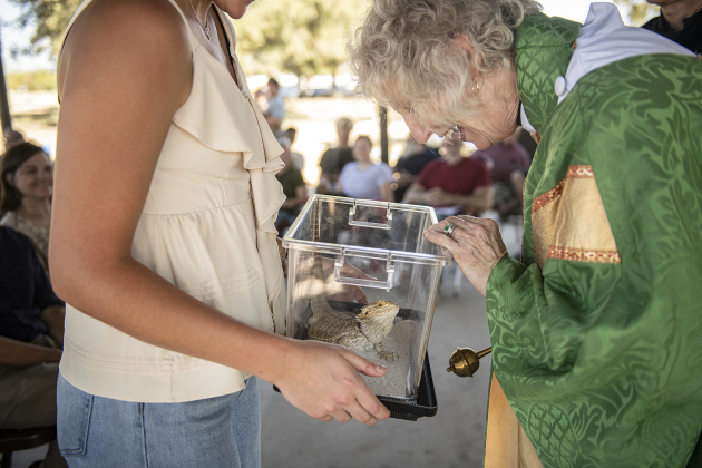Zuzu, a Bearded Dragon owned by Ava Kostr, 16, and her family, is bestowed a blessing by The Reverend Mary Ann Huston during the Grace Episcopal Church Blessing of the Animals service held at San Gabriel Park on Sunday, October 6, 2024.   Photo by Andy Sharp. 