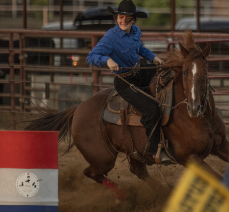 Gabri Alvarez competes in Senior  Barrel Racing at the 31st Annual Clayman Rodeo on Saturday, October 5, 2024.  Held at Windsong Farm, the rodeo was founded by Kelly and Jim Bob Clayman.    Photo by Andy Sharp.