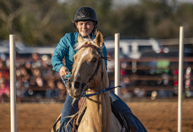 Grace Habetz competes in Senior Polebending at the 31st Annual Clayman Rodeo on Saturday, October 5, 2024.  Held at Windsong Farm, the rodeo was founded by Kelly and Jim Bob Clayman.    Photo by Andy Sharp.