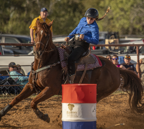 sabella Davis competes in Junior Barrel Racing  at the 31st Annual Clayman Rodeo on Saturday, October 5, 2024.  Held at Windsong Farm, the rodeo was founded by Kelly and Jim Bob Clayman.    Photo by Andy Sharp.
