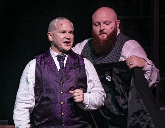 Craig Faircloth, left, as Judge Turan, and Gannon Styles, right, playing Beadle Bamford, are pictured during a Thursday, October 3, 2024 dress rehearsal of "Sweeney Todd," playing on the Springer Stage at the Georgetown Palace through November 3rd.    Photo by Andy Sharp.