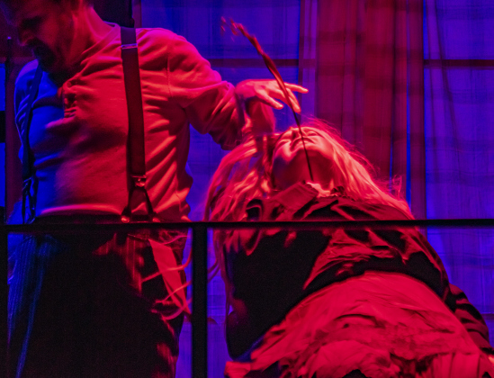Damon Brown, left playing Sweeney Todd,  and Hannah Ferguson, as the beggar woman, are pictured during a Thursday, October 3, 2024 dress rehearsal of "Sweeney Todd," playing on the Springer Stage at the Georgetown Palace through November 3rd.    Photo by Andy Sharp.