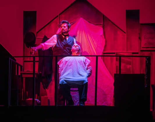 Damon Brown, left, playing Sweeney Todd,   and Craig Faircloth, as Judge Turan, are pictured during a Thursday, October 3, 2024 dress rehearsal of "Sweeney Todd," playing on the Springer Stage at the Georgetown Palace through November 3rd.    Photo by Andy Sharp.