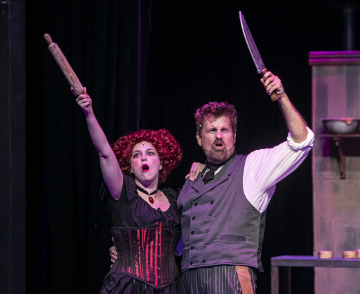 Sarah Jordan, as Mrs. Lovett, and Damon Brown, playing Sweeney Todd, are pictured during a Thursday, October 3, 2024 dress rehearsal of "Sweeney Todd," playing on the Springer Stage at the Georgetown Palace through November 3rd.    Photo by Andy Sharp. 