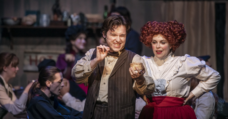 Che Greeno, left, as Tobias Ragg, and Sarah Jordan, as Mrs. Lovett, are pictured during a Thursday, October 3, 2024 dress rehearsal of "Sweeney Todd," playing on the Springer Stage at the Georgetown Palace through November 3rd.    Photo by Andy Sharp.