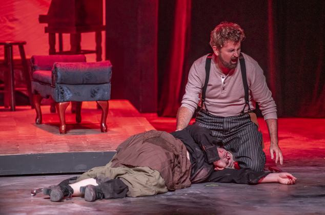 Damon Brown, playing Sweeney Todd, and Hannah Ferguson, as the beggar woman, are pictured during a Thursday, October 3, 2024 dress rehearsal of "Sweeney Todd," playing on the Springer Stage at the Georgetown Palace through November 3rd.    Photo by Andy Sharp.