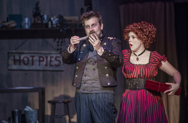 Damon Brown, playing Sweeney Todd,  and Sarah Jordan, as Mrs. Lovett, are pictured during a Thursday, October 3, 2024 dress rehearsal of "Sweeney Todd," playing on the Springer Stage at the Georgetown Palace through November 3rd.    Photo by Andy Sharp.