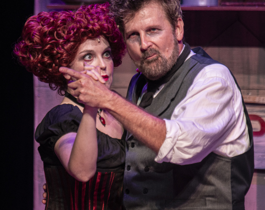 Sarah Jordan, as Mrs. Lovett, and Damon Brown, playing Sweeney Todd, are pictured during a Thursday, October 3, 2024 dress rehearsal of "Sweeney Todd," playing on the Springer Stage at the Georgetown Palace through November 3rd.    Photo by Andy Sharp.