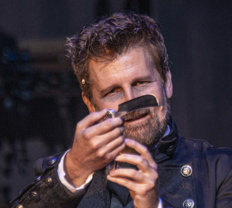 Damon Brown, playing Sweeney Todd, is  pictured during a Thursday, October 3, 2024 dress rehearsal of "Sweeney Todd," playing on the Springer Stage at the Georgetown Palace through November 3rd.    Photo by Andy Sharp.