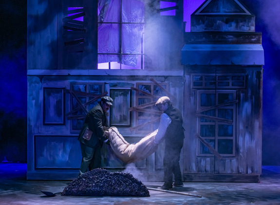 The opening scene, a burial,  is pictured during a Thursday, October 3, 2024 dress rehearsal of "Sweeney Todd," playing on the Springer Stage at the Georgetown Palace through November 3rd.    Photo by Andy Sharp.