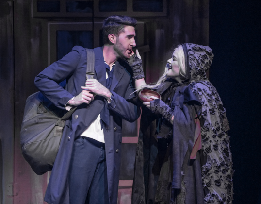Jacob Rosenbaum, left, as Anthony Hope, and Hannah Ferguson, playing a beggar woman, are pictured during a Thursday, October 3, 2024 dress rehearsal of "Sweeney Todd," playing on the Springer Stage at the Georgetown Palace through November 3rd.    Photo by Andy Sharp.