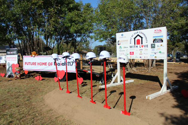 Red shovels are lined up to break ground on Williamson County’s Isaiah 117 House Sunday afternoon. Photo by Nalani Nuylan.