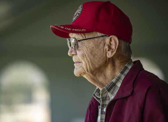 94-year-old Bill Harrah, a Marine Corps veteran, was on hand for a Marine Corps League observance of the Marine Corps' 249th birthday (on November 10th)  on Saturday, November 9, 2024, the official opening day of the Field of Honor.   Sponsored by the Rotary Club of Georgetown, the Field of Honor includes 2,000 American flags covering ten acres in San Gabriel Park.  With events throughout the week, the flags will fly here until November 17th.   Photo by Andy Sharp.