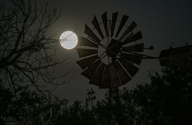 A full moon, also called a Beaver Moon, rises over a windmill along County Road 345 on Friday, November 15, 2024.   Photo by Andy Sharp.