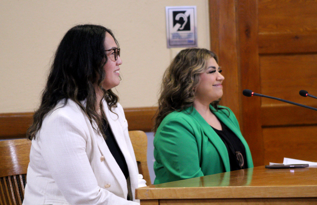 Williamson Elections Administrator Bridgette Escobedo, in green, and Deputy Elections Administrator Kristine Heimerman report election results November 19 and answer questions. Photo by Nalani Nuylan.