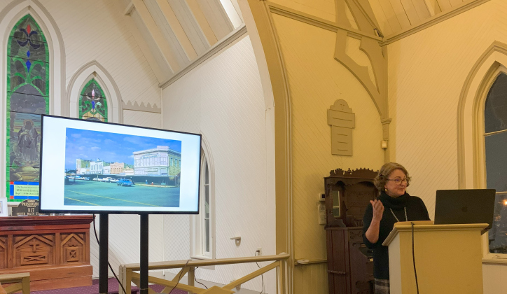 Linda McCalla gives a presentation to Preservation Georgetown about the impact the Main Street Program had on downtown Georgetown. The meeting took place at the historic Grace Heritage Center. (Photo by Kaitlyn Wilkes)