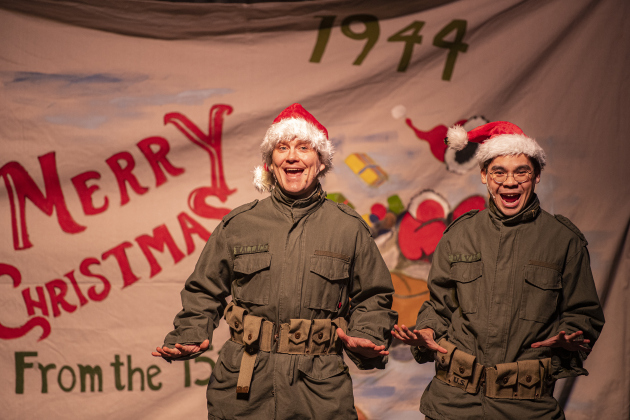 Creighton Moench, left, as Bob Wallace, and Nathan Tran, right, playing Phil Davis, are pictured in the Georgetown Palace dress rehearsal for "White Christmas" on Thursday, November 21, 2024.  The production is playing on the Springer Stage through December 29th.  Photo by Andy Sharp. 