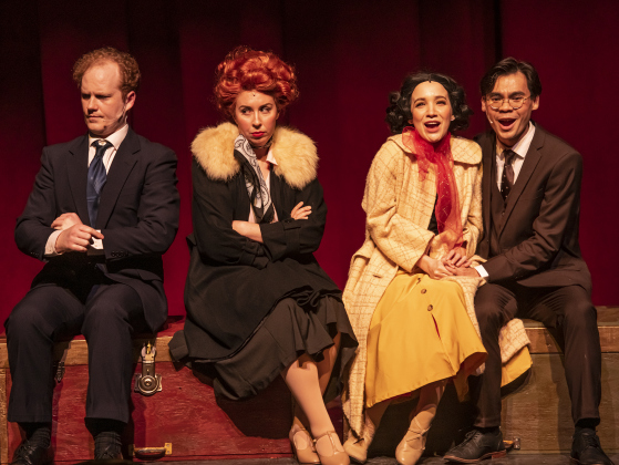 Creightpn Moench, left, as Bob Wallace, Ashley Brooke James, as Betty Haynes, Alicia Frias, as Judy Haynes, and Nathan Tran, right, playing Phil Davis, are pictured in the Georgetown Palace dress rehearsal for "White Christmas" on Thursday, November 21, 2024.  The production is playing on the Springer Stage through December 29th.  Photo by Andy Sharp.