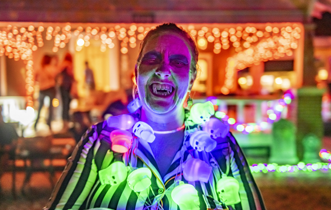 Shannon Mathena was a character from "Beetlejuice" during  Halloween night along Main Street  on Thursday, October 31, 2024.   Photo by Andy Sharp.