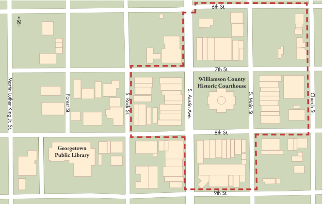 This map shows road closures during the Christmas Stroll weekend December 6-8. Dashed red lines indicate streets that will be closed.