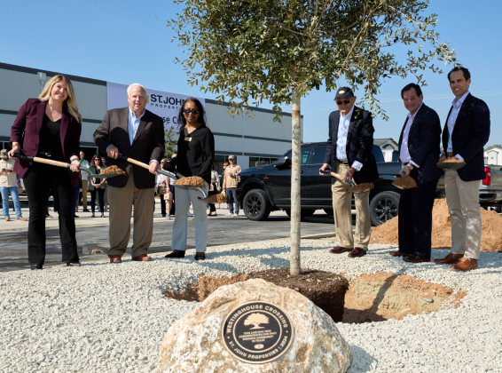 An oak tree is planted in Georgetown during a ribbon cutting ceremony to honor St. John Properties’ first development in Texas. Representatives with St. John Properties and the City of Georgetown include, from left, Regional Partner Brooke Harlander; Greater Austin Economic Development Corporation Chairman Gary Farmer; Georgetown Business Retention and Expansion Manager Conchita Gusman; Founder and Chairman Ed St. John; President and CEO Larry Maykrantz; and Senior Executive Vice President Sean Doordan.
