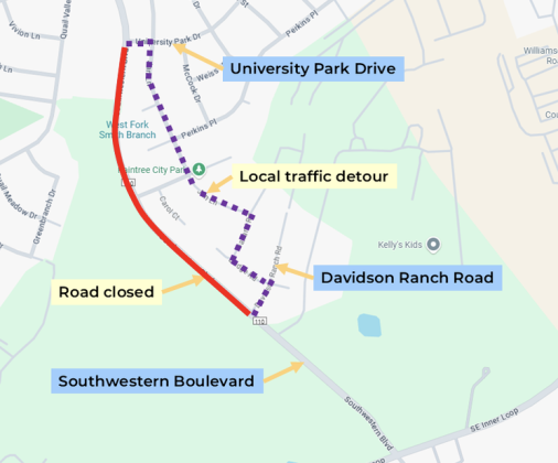 A map shows Southwestern Boulevard impacts. (Courtesy City of Georgetown)