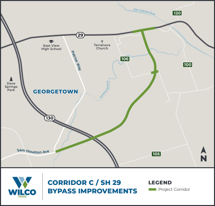 The newly constructed Sam Houston Avenue runs from Partiot Way to State Highway 29.  Illustration courtesy of Williamson County.