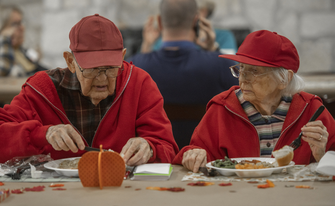 Jerry Ayers, 91, and his wife Joana, 92, were diners during the Community Thanksgiving, held Thursday, November 28, 2024 at the San Gabriel Community Center in San Gabriel Park.  200 pounds of turkey breast, combined with numerous side dishes, drinks and desserts were provided at no charge to anyone who wanted a Thanksgiving meal.  The event was conducted by members of the Georgetown Beard Club, plus the City of Georgetown police and fire departments.     Photo by Andy Sharp.